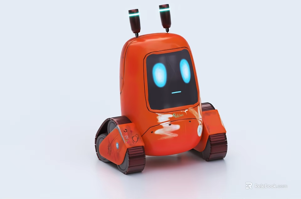 Smart Robot With Orange Body Tracked Wheels And Blue Glowing Eyes 3d model 
