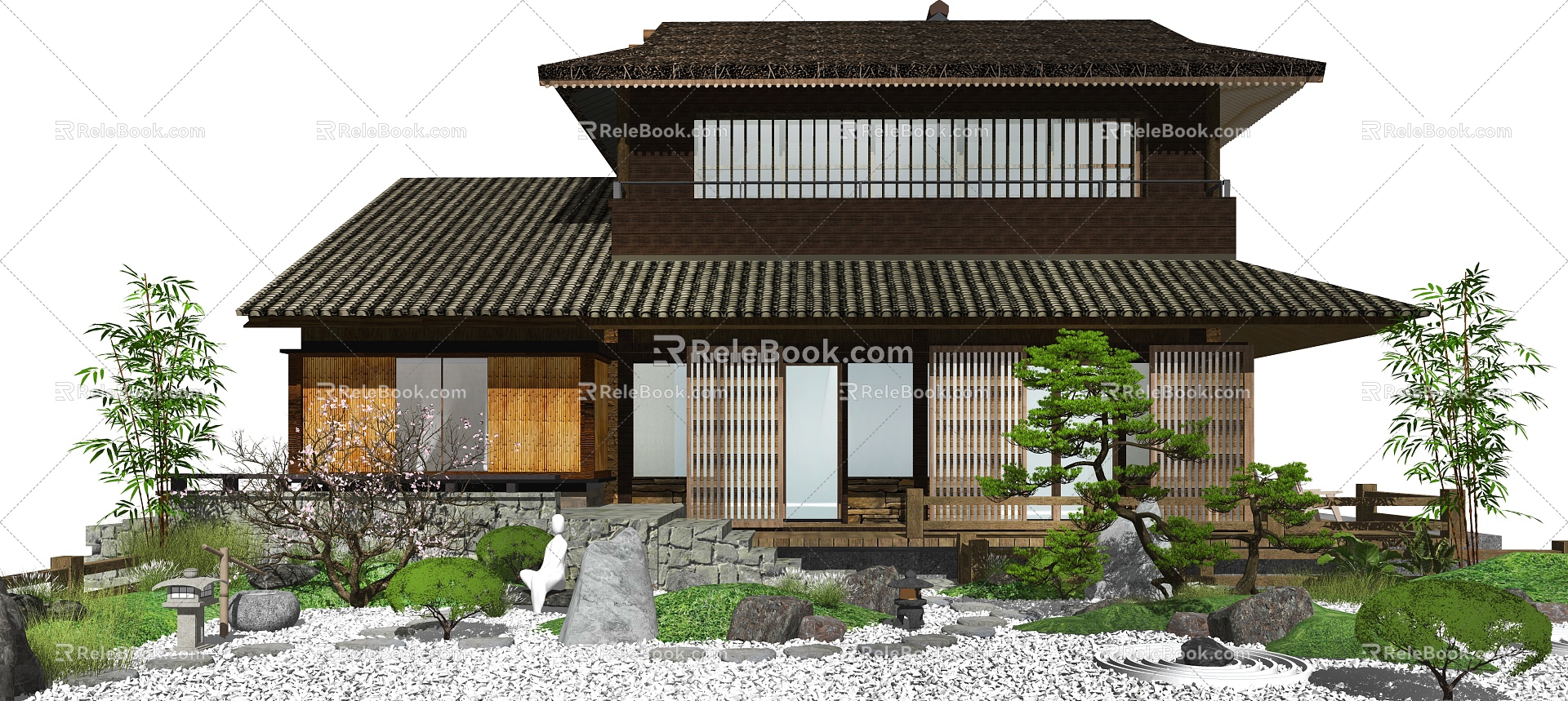 Japanese-style house landscape sketch courtyard landscape 3d model