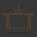 Realistic Style Wooden Shed Wooden Structure Canvas Top Rope Hanging Wooden Floor Striped Decorative Shed Frame House House House Residential House