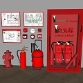Double Door Red Fire Safety Cabinet With Extinguishers And Exit Diagrams