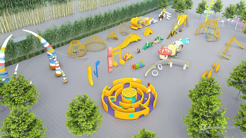 Outdoor Playground Equipment With Yellow Slide Climbing Structures Maze Swings And Trees 3d model 
