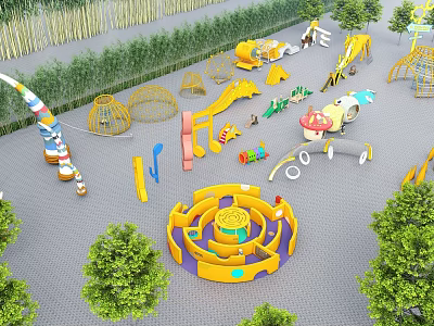 Outdoor Playground Equipment With Yellow Slide Climbing Structures Maze Swings And Trees 3d model
