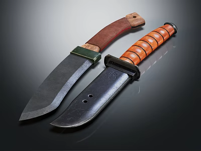 Two Weapon Knives With Wooden And Textured Handles And Sharp Metal Blades 3d model