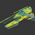 Futuristic Spaceship Model Yellow And Blue With Geometric Patterns Streamlined Wings And Detailed Structure