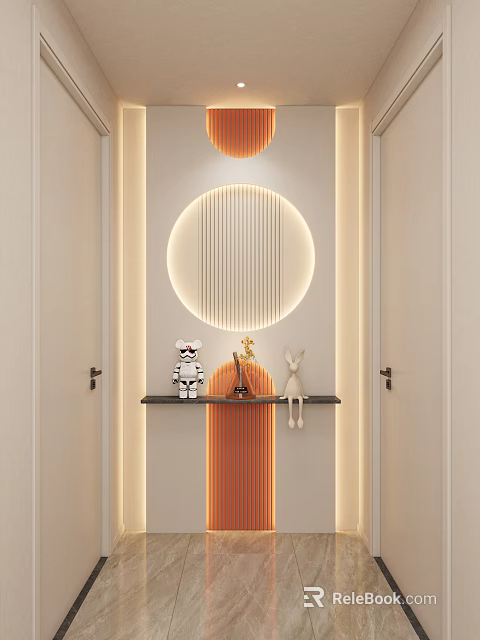 Entryway Hallway Design With Circular Lit Panel Orange Accents And Decorative Figurines On Shelf 3d model 