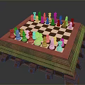 Chessboard With Wooden Fortress Style Base Displaying Black And White Pieces