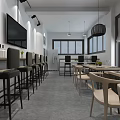 Modern Restaurant Interior With Open Layout High Chairs Dining Tables And TV 3d model