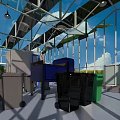 Industrial Factory Building with Glass Facade in Green Outdoor Area Under Blue Sky and Clouds