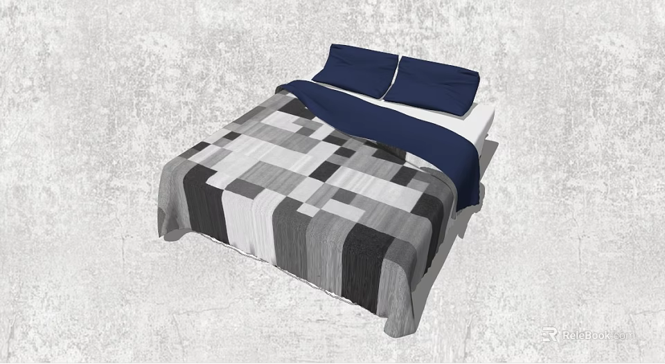 Double Bed with Blue Pillows and Geometric Pattern Quilt in Gray Textured Wall Room 3d model