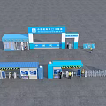 Construction Site Entrance Gate With Blue Architectural Structure And Security Booths 3d model