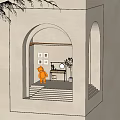 Light Colored Interior Space With Arched Doorway Orange Bear Sculpture Table Mirror Paintings And Plant