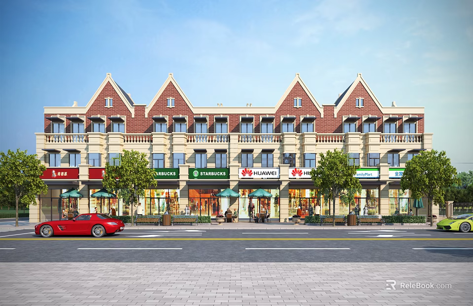 Charming Commercial Street With Red Brick Buildings Green Trees Outdoor Seating And Storefronts 3d model 