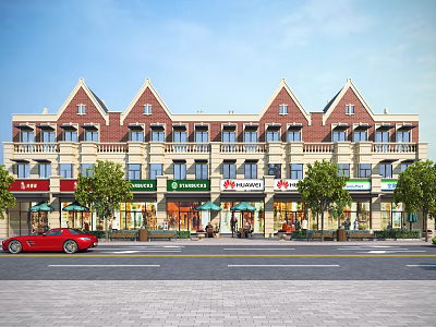 Charming Commercial Street With Red Brick Buildings Green Trees Outdoor Seating And Storefronts 3d model