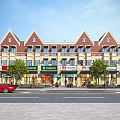 Charming Commercial Street With Red Brick Buildings Green Trees Outdoor Seating And Storefronts