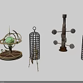 Vintage Ornamental Decor Pieces Featuring Armillary Sphere Metal Birdcage And Wooden Weathervane