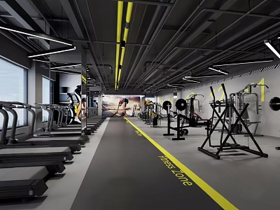 Spacious Modern Gym Interior With Treadmills Fitness Equipment Yellow Lines And Ceiling Accents 3d model