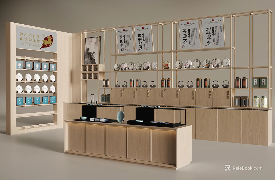Glass Display Cabinets and Wooden Shelves With Plates Cups And Wall Posters In Modern Store 3d model 