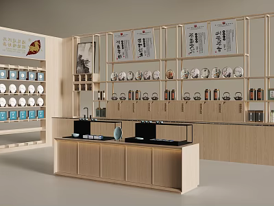 Glass Display Cabinets and Wooden Shelves With Plates Cups And Wall Posters In Modern Store 3d model