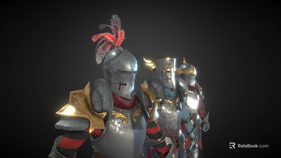 Shiny Metallic Knight Armors Lined Up With Red Feather Cross Symbol And Golden Accents 3d model 