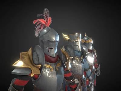 Shiny Metallic Knight Armors Lined Up With Red Feather Cross Symbol And Golden Accents 3d model