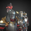 Shiny Metallic Knight Armors Lined Up With Red Feather Cross Symbol And Golden Accents