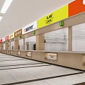 Bright Cafeteria Interior With Multiple Food Stalls And Dining Tables 3d model