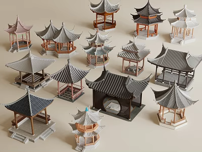 Traditional Chinese Garden Pavilions With Various Roof Styles And Colorful Designs 3d model