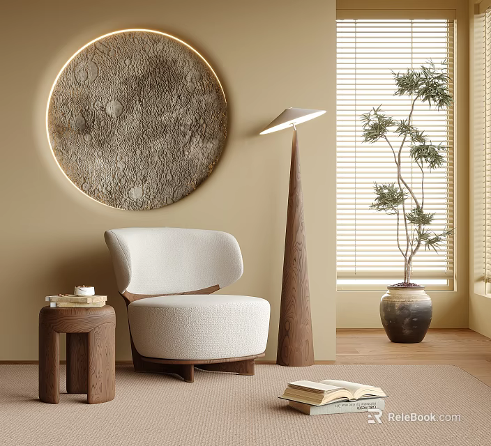 Modern Upholstered Accent Chair With Moon Wall Art Wooden Side Table Floor Lamp Potted Plant 3d model 