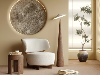 Modern Upholstered Accent Chair With Moon Wall Art Wooden Side Table Floor Lamp Potted Plant 3d model