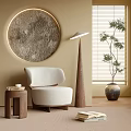 Modern Upholstered Accent Chair With Moon Wall Art Wooden Side Table Floor Lamp Potted Plant