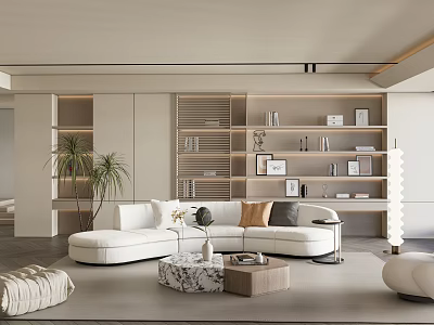 Modern Living Room Interior With White Sectional Sofa Marble Coffee Table Bookshelves And Potted Plant 3d model