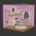 Pink Kids Bedroom Interior With Loft Bed Desk Chair Dresser Plants And String Lights
