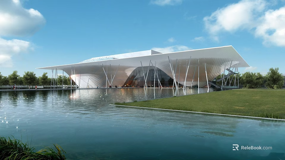 Modern Architectural Structure With Large Canopy Roof Over Water And Green Lawn 3d model 