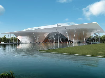 Modern Architectural Structure With Large Canopy Roof Over Water And Green Lawn 3d model