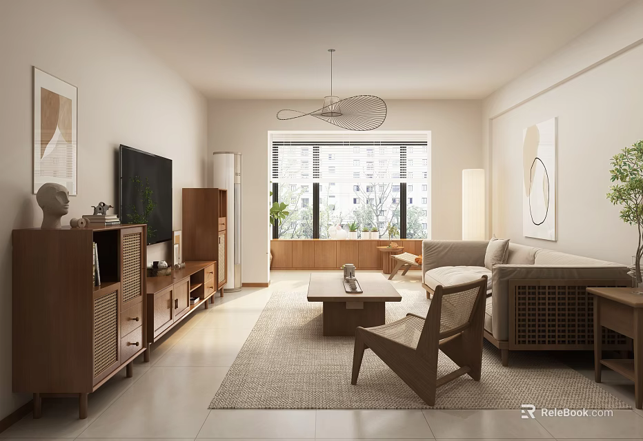 Modern Living Dining Room Interior With Wooden Furniture Sofa Coffee Table And Windows 3d model 