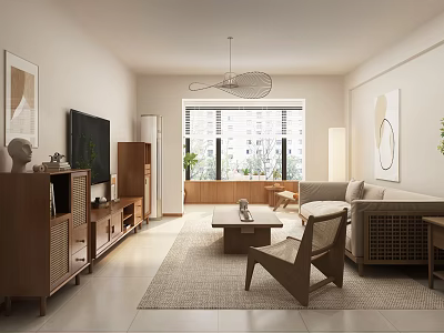 Modern Living Dining Room Interior With Wooden Furniture Sofa Coffee Table And Windows 3d model