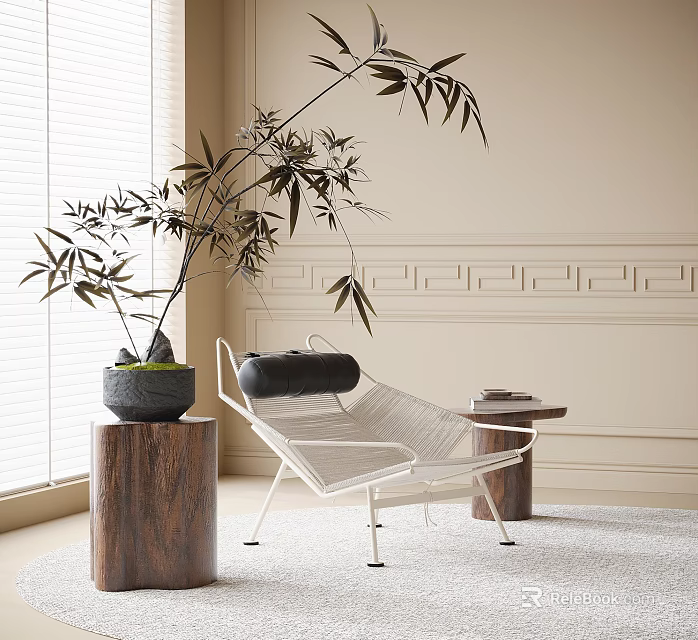 Modern White Metal Frame Lounge Chair With Beige Wall And Wooden Side Table Potted Bamboo 3d model 