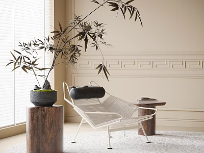 Modern White Metal Frame Lounge Chair With Beige Wall And Wooden Side Table Potted Bamboo 3d model