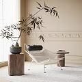 Modern White Metal Frame Lounge Chair With Beige Wall And Wooden Side Table Potted Bamboo