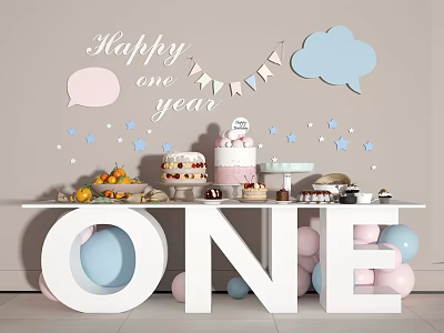 Happy One Year Decorative Ornaments Set with Cloud Star Cake Fruits ONE Letter and Balloons 3d model