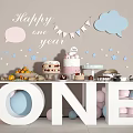 Happy One Year Decorative Ornaments Set with Cloud Star Cake Fruits ONE Letter and Balloons
