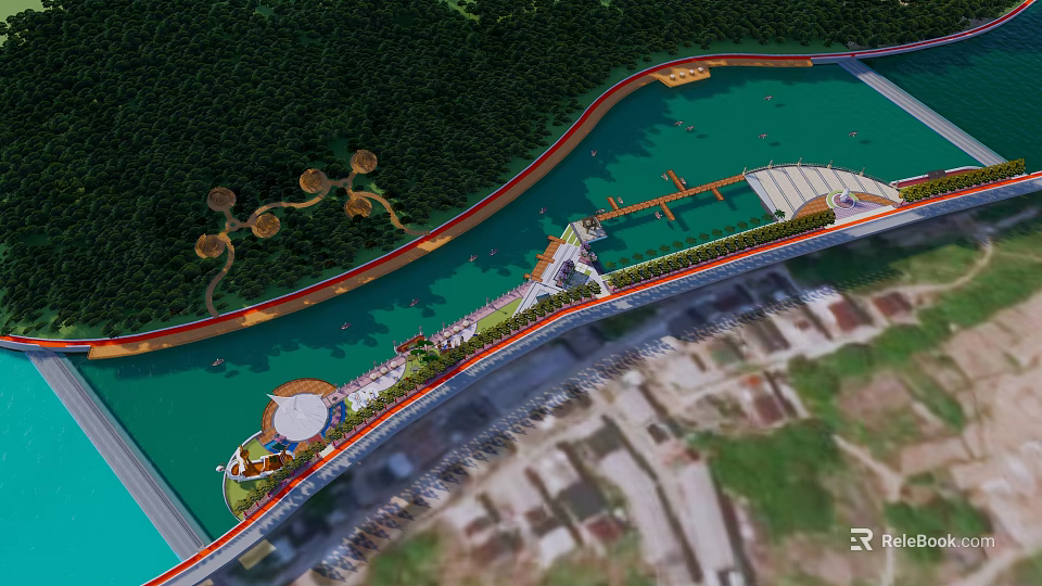 Tranquil Waterfront Landscape Design With Riverside Walkway Lush Greenery And Viewing Platform 3d model 