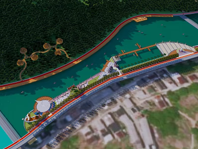 Tranquil Waterfront Landscape Design With Riverside Walkway Lush Greenery And Viewing Platform 3d model