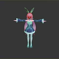 Cute Child Cartoon Character With Rabbit Ears Purple Hair And Blue White Dress Arms Outstretched