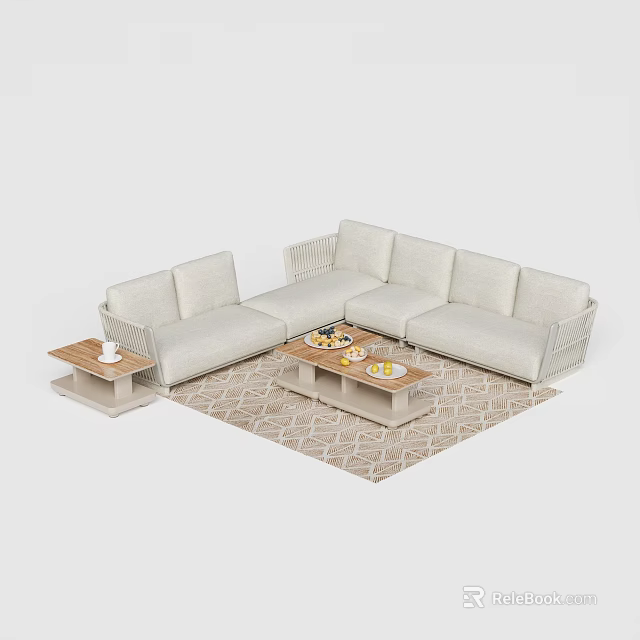 Light Colored Upholstered Sofa Coffee Table Set With Fruit Platter And Geometric Pattern Rug 3d model