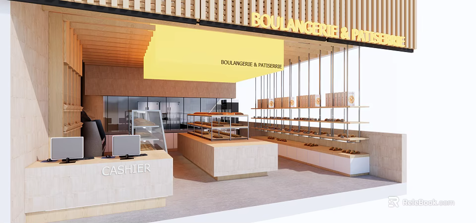 Boulangerie Patisserie Interior Design With Display Shelves Cashier Counter And Pastry Cases 3d model 