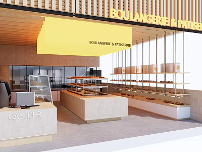 Boulangerie Patisserie Interior Design With Display Shelves Cashier Counter And Pastry Cases 3d model