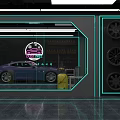 Auto 4S Shop Interior Featuring Purple Sports Car Neon Signs Service Equipment And Shelves
