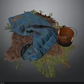 Blue Textured Cloth With Brown Container And Green Plants On Furry Base