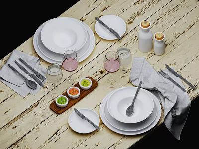 Elegant White Dinnerware Set With Plates Bowls Cutlery Glassware And Condiment Bottles 3d model